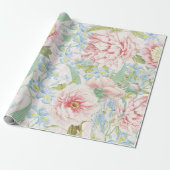 Blush Peony Flowers Blue Iris Pattern Cadeaupapier (Uitgerold)