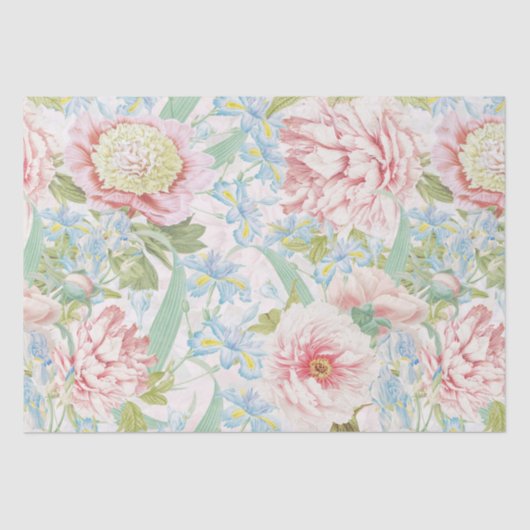  Blush Peony Flowers Blue Iris Pattern Tissuepapier (Voorkant)