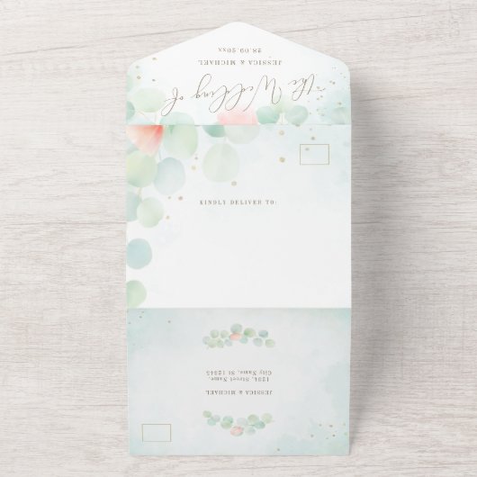 Blush Peony Greenery Eucalyptus Waterverf Wedding All In One Uitnodiging (Buitenkant)