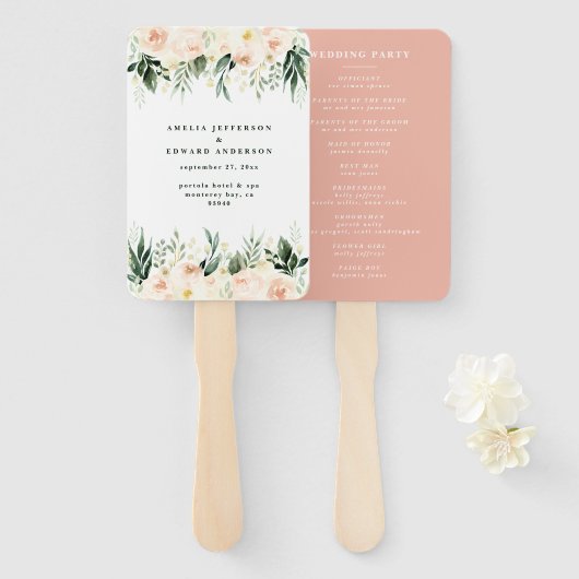 Blush, perzik bloemen + loof bruiloft handwaaier (Voorkant en achterkant)