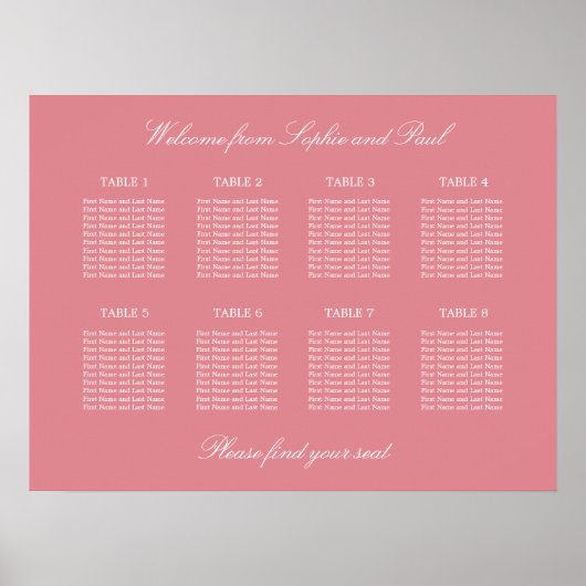 Blush Pink 8 Table Wedding Seating Chart Poster (Devant)