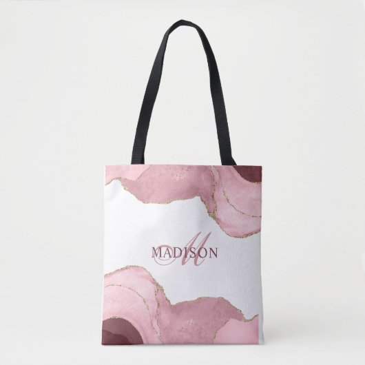 Blush Pink Agaat Roos Goud Glitter Modern Monogram Draagtas (Voorkant)