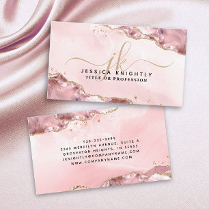Blush Pink Agaat Script Monogram Gold Glitter Visitekaartje