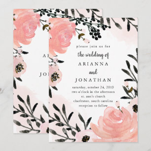 Blush Pink and Black Waterverf Floral Weddenscha Kaart