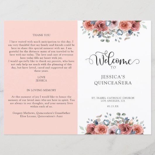 Blush Pink and Blue Floral Quinceanera Programme (Voorkant)