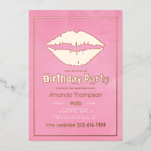 Blush Pink and Gold Birthday Kiss Lips Folie Uitnodiging