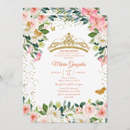 Blush Pink and Gold Butterfly Mis Quince Kaart (Voorkant / Achterkant)