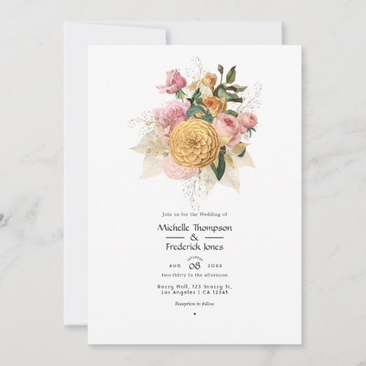 Blush Pink and Gold Floral Wedding Invitation Kaart (Voorkant)