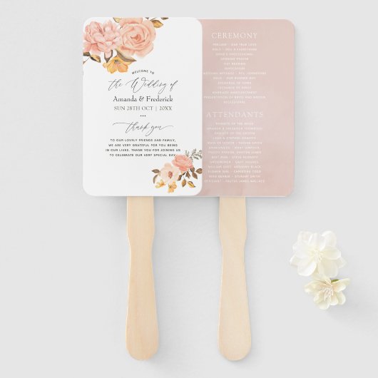 Blush Pink and Gold Floral Wedding Programme Handwaaier (Voorkant en achterkant)