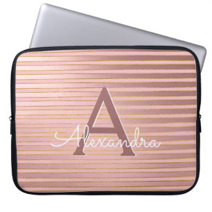 Blush Pink and Gold Stripes Monogram Girly Laptop Sleeve