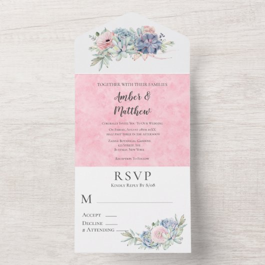 Blush Pink and Gold Succulents Wedding All In One Uitnodiging (Binnen)