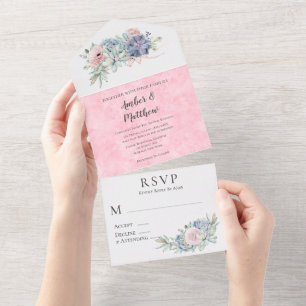 Blush Pink and Gold Succulents Wedding All In One Uitnodiging