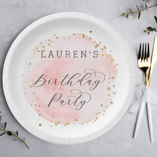 Blush Pink and Gold Waterverf Birthday Party Papieren Bordje