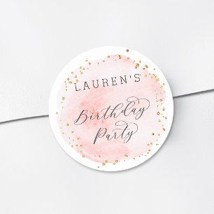 Blush Pink and Gold Waterverf Birthday Party Ronde Sticker
