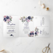 Blush Pink and Indigo Navy Floral Wedding Drieluik Uitnodiging (Binnen)