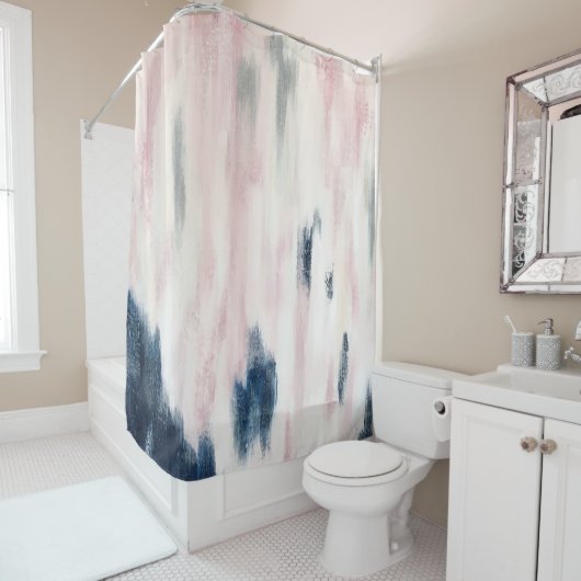 Blush Pink and Navy Abstract Pattern Douchegordijn (In situ)