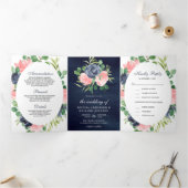 Blush Pink and Navy Blue Floral 3 in 1 bruiloft Drieluik Uitnodiging (Binnen)