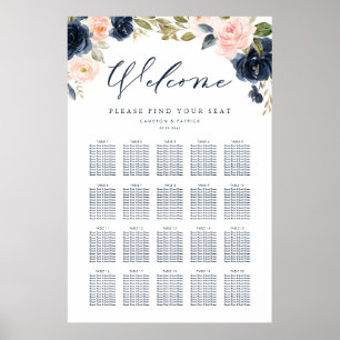 Blush Pink and Navy Blue Floral Wedding Seating Se Poster