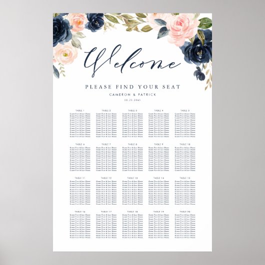 Blush Pink and Navy Blue Floral Wedding Seating Se Poster (Voorkant)