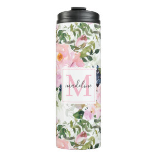 Blush Pink and Navy Waterverf Floral Thermosbeker
