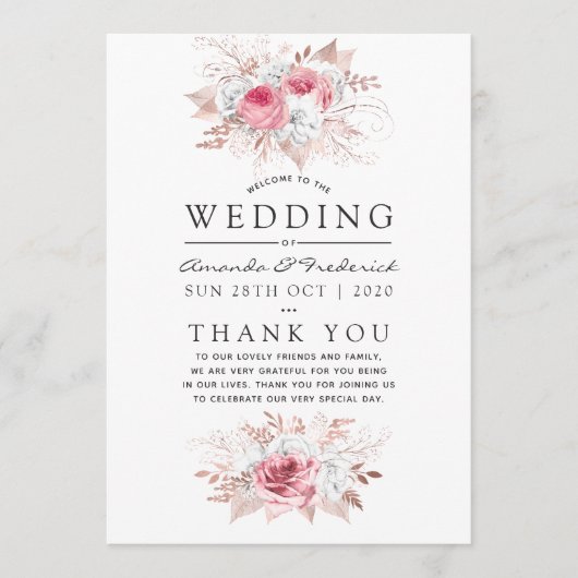 Blush Pink and Roos Gold Floral Wedding Programme Programma (Voorkant)