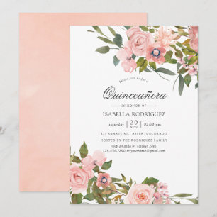 Blush Pink and Roos Gold Rozen Quinceañera Kaart
