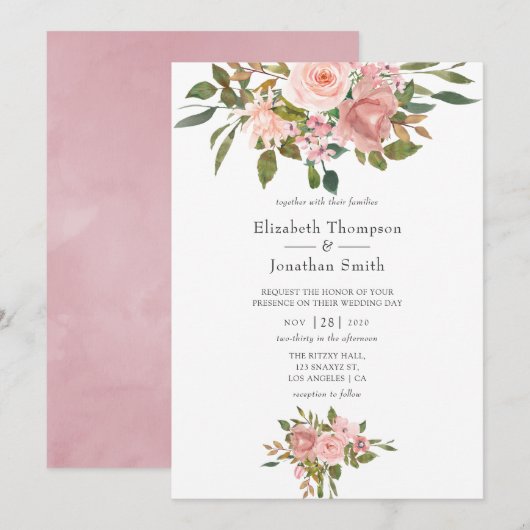 Blush Pink and Roos Gold Wedding Kaart (Voorkant / Achterkant)