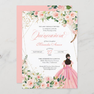 Blush Pink and White Floral Quinceanera Invitation Kaart
