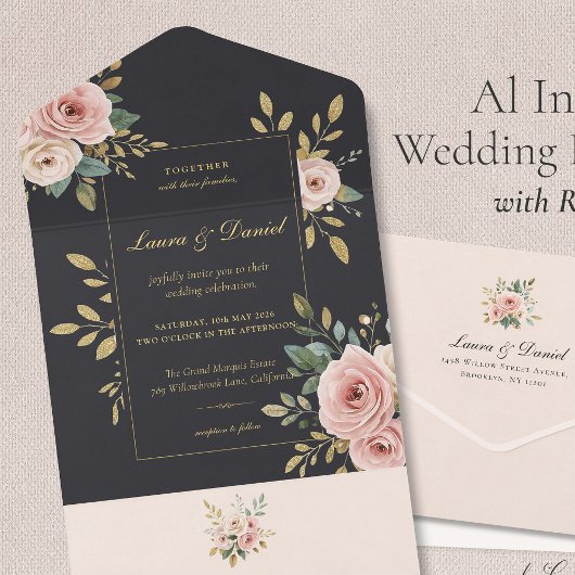 Blush Pink & Black All-In-One Wedding Invitation