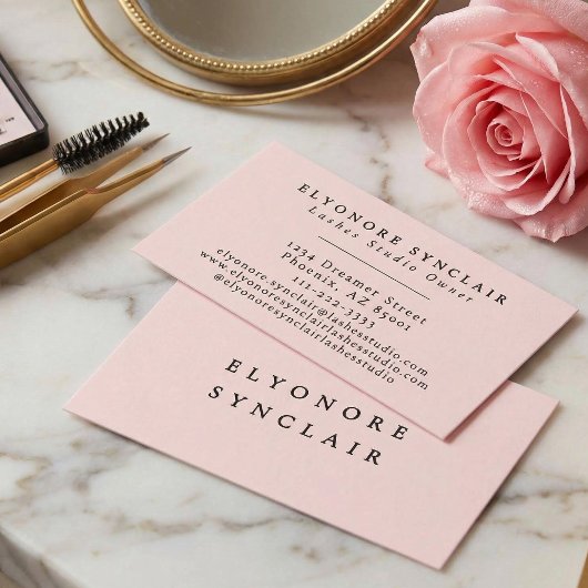 Blush Pink Black Script Lashes Visitekaartje