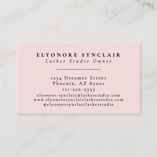 Blush Pink Black Script Lashes Visitekaartje (Achterkant)