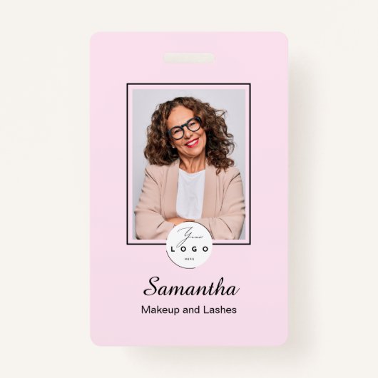 Blush Pink Black Script Logo Photo Makeup Badge (Voorkant)