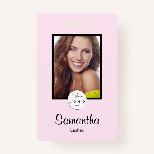 Blush Pink Black Script Logo Photo Makeup Badge (Devant)