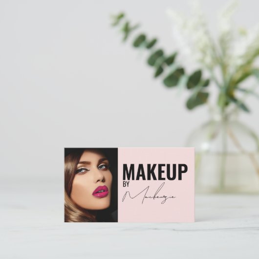 Blush Pink Black Script Photo Makeup Business Card Visitekaartje (Staand voorkant)