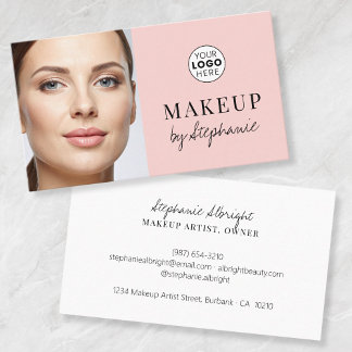 Blush Pink Black Script Photo Makeup Business Card Visitekaartje