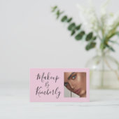 Blush Pink Black Script Photo Makeup Business Card Visitekaartje (Staand voorkant)