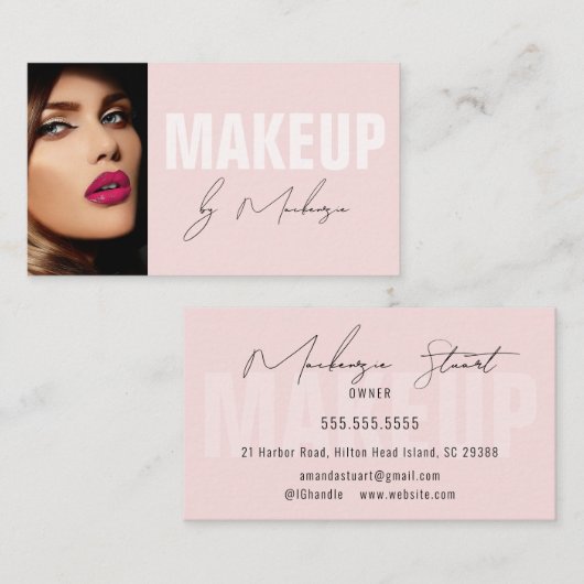 Blush Pink Black Script Photo Makeup Business Card Visitekaartje (Voorkant / Achterkant)