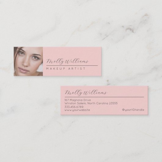 Blush Pink Black Script Photo Makeup Mini Business Mini Visitekaartje (Voorkant / Achterkant)