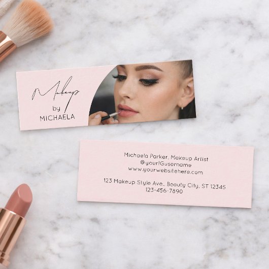 Blush Pink Black Script Photo Makeup Mini Visitekaartje