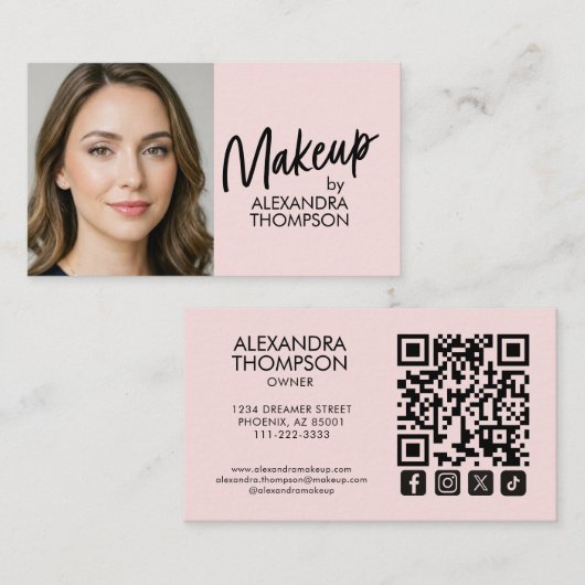 Blush Pink Black Script Qr Code Social Icon Makeup Visitekaartje (Voorkant / Achterkant)