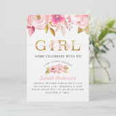 Blush Pink Bloemen Baby Meisje Douche Uitnodiging (Staand voorkant)