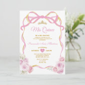 Blush Pink Bloemen Bow Ribbon Gold Crown Mis Quinc Kaart (Staand voorkant)