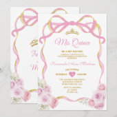Blush Pink Bloemen Bow Ribbon Gold Crown Mis Quinc Kaart (Voorkant / Achterkant)
