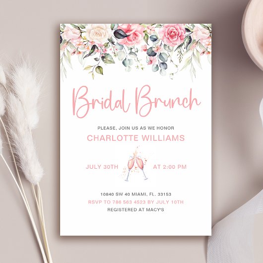 Blush Pink Bloemen Bruids Brunch Kaart