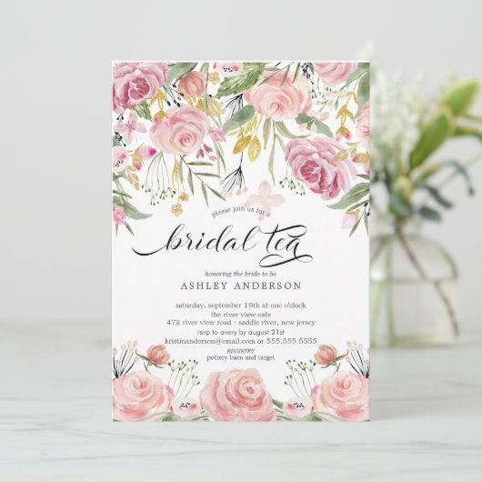 Blush Pink Bloemen Bruids Thee Kaart (Staand voorkant)