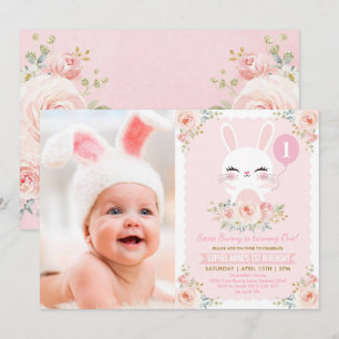 Blush Pink Bloemen Bunny Konijn 1e Verjaardag Part Kaart