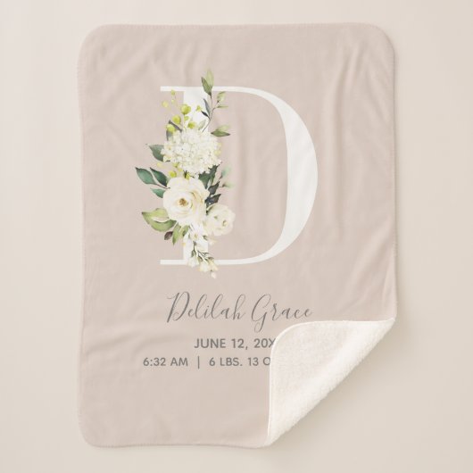 Blush Pink Bloemen Letter D Baby Script Geboortest Sherpa Deken (Voorkant)