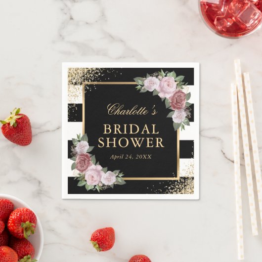Blush Pink Bloemen Zwart en Goud Vrijgezellenfeest Servet (Insitu)