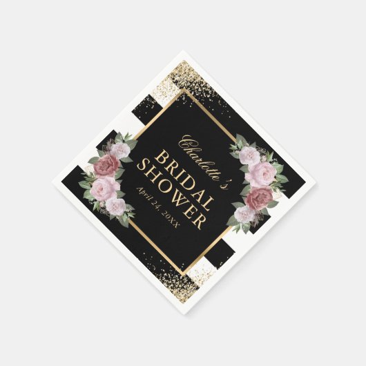 Blush Pink Bloemen Zwart en Goud Vrijgezellenfeest Servet (Hoek)