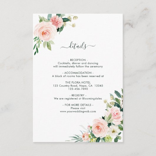 Blush Pink Bloom Wedding Details Informatiekaartje (Voorkant)